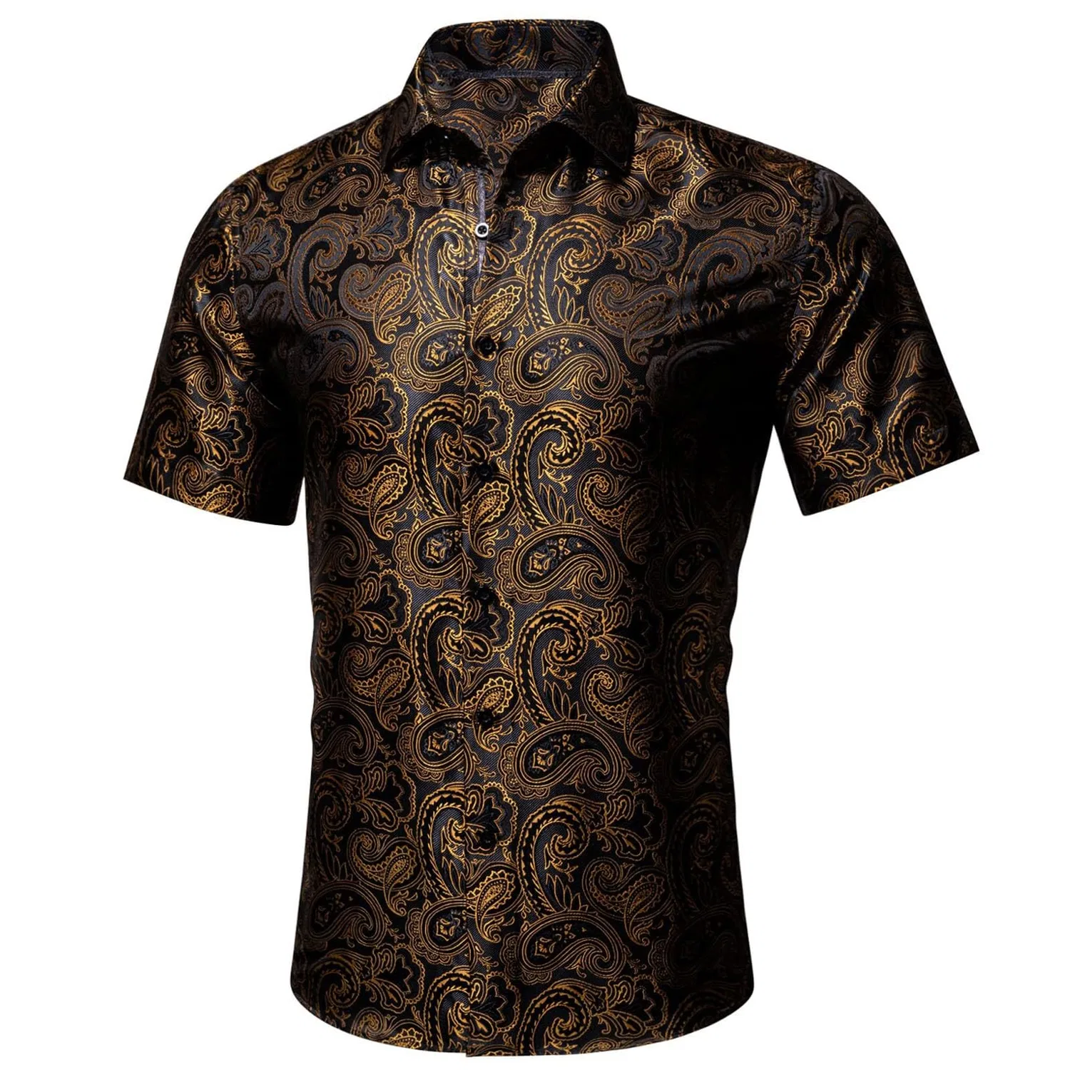 Мужская рубашка с коротким рукавом с принтом Paisley Shiny Satin Baroque Design, Brown — фото 4
