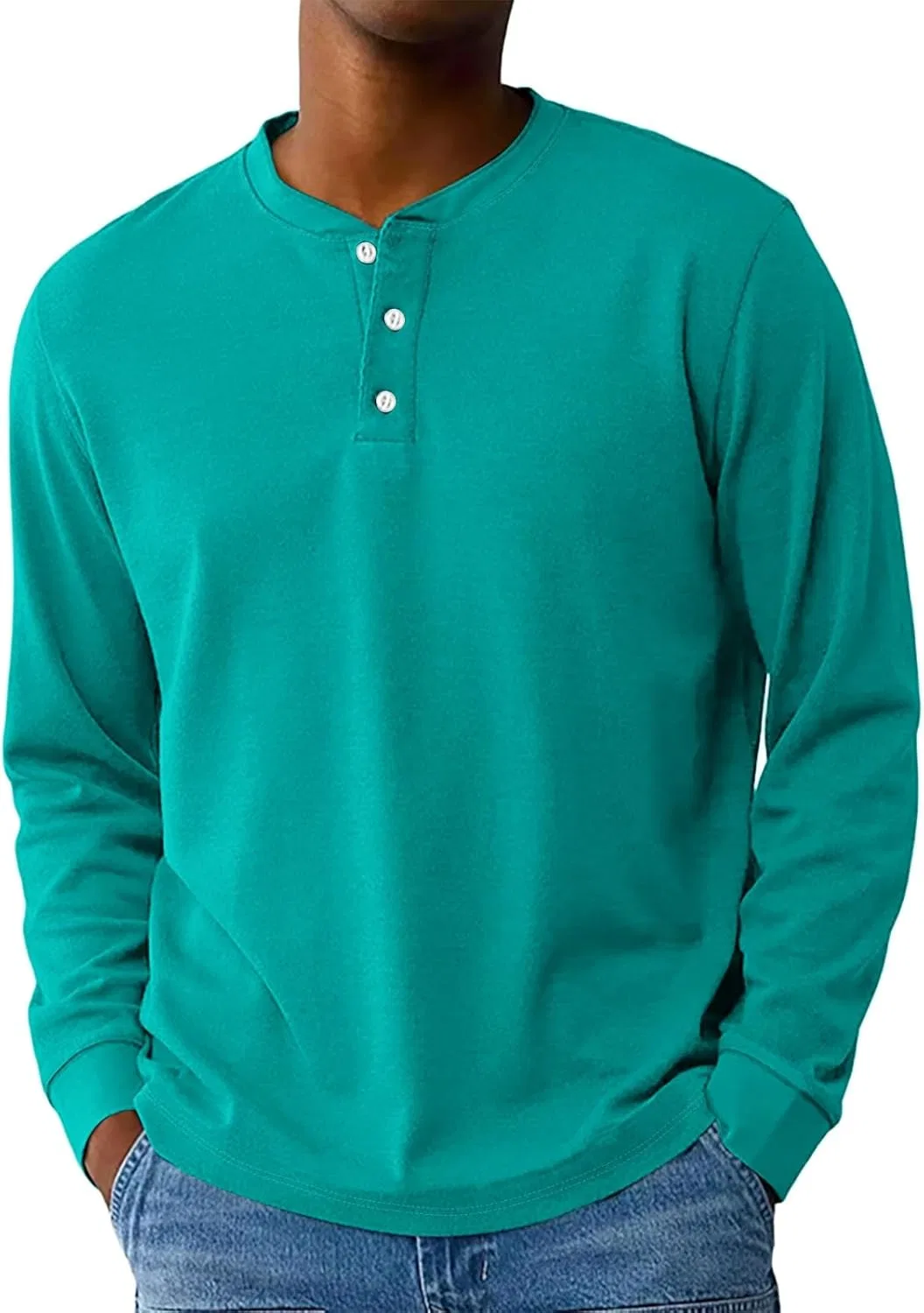 Мужская футболка с длинным рукавом хенли, Turquoise