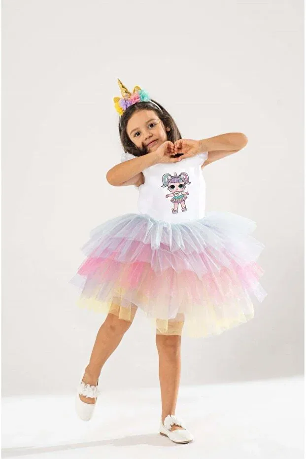 Детское платье для девочек с принтом Lol unicorn themed girl's white birthday dress & party costume with crown gift Yağmur Kostütüm, White