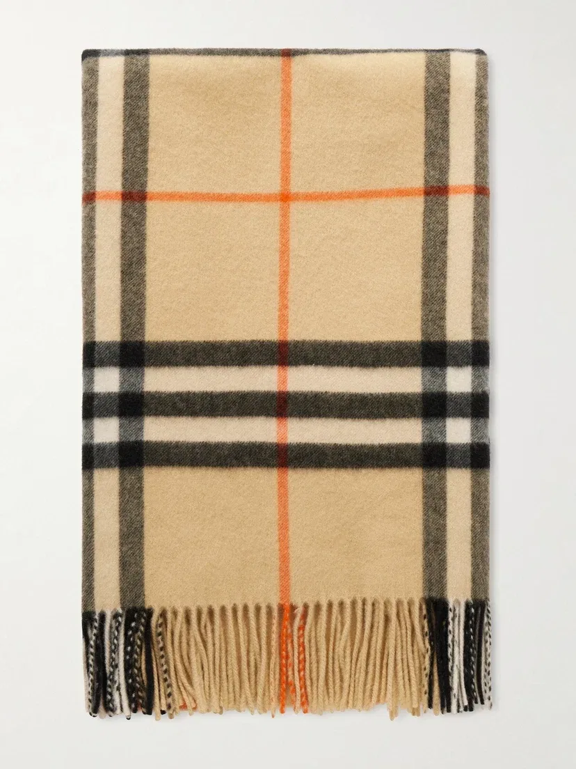 Кашемировый шарф в клетку с бахромой BURBERRY, бежевый