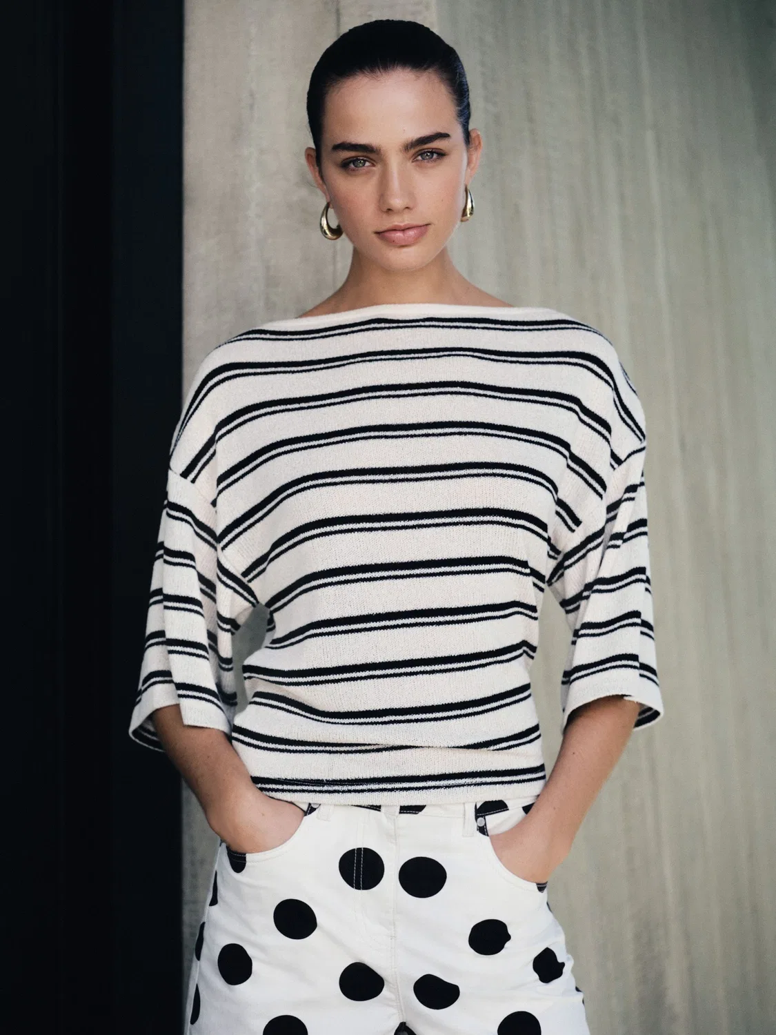 Топ с асимметричным кроем, Knit Look Asymmetric Short Sleeve Top Next, Ecru/Black Stripe