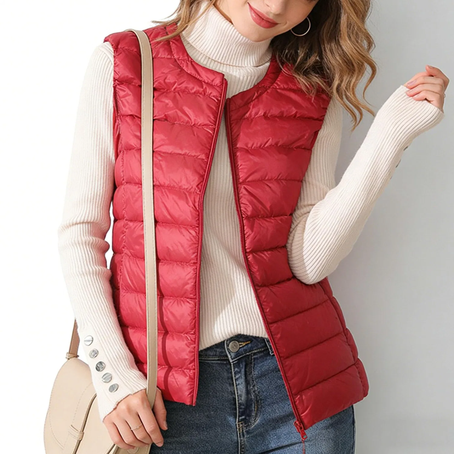 Женский утепленный жилет без рукавов с принтом Womens Vest Outerwear Plus Size Lightweight Packable Quilted Sleeveless Round Neck Vest, Vino rosso — фото 3