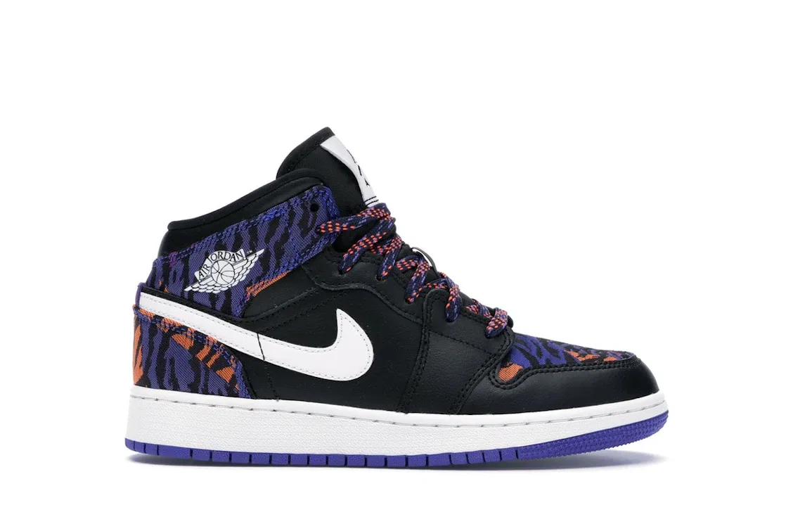 Детские кроссовки с принтом Jordan 1 Mid Multi-Color Tiger Stripe Jordan, Black/White-Rush Violet-Black