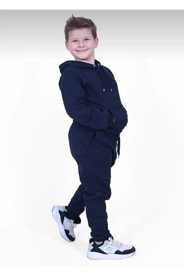 Детский спортивный комплект с принтом Kangaroo pocket hooded navy blue children's tracksuit set Topçu, Navy Blue
