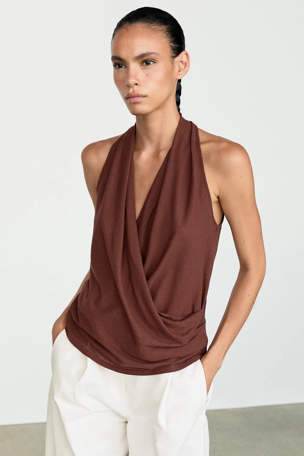Топ Massimo Dutti 100% Cotton Draped Surplice, бордовый