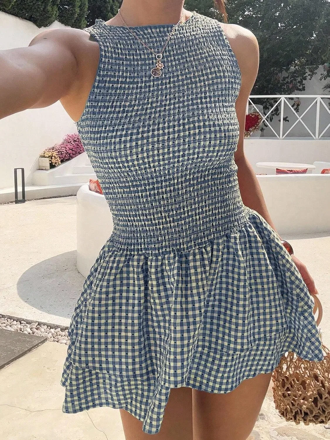 Женское повседневное платье без рукавов с рюшами, Blue Plaid — фото 2