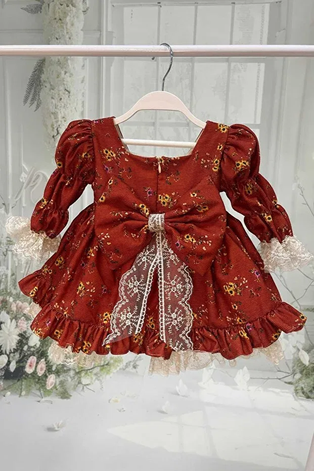 Детское платье для девочек с принтом Floral print lace velvet baby girl's evening designer dress Bertuğ Bebek, Tile — фото 2
