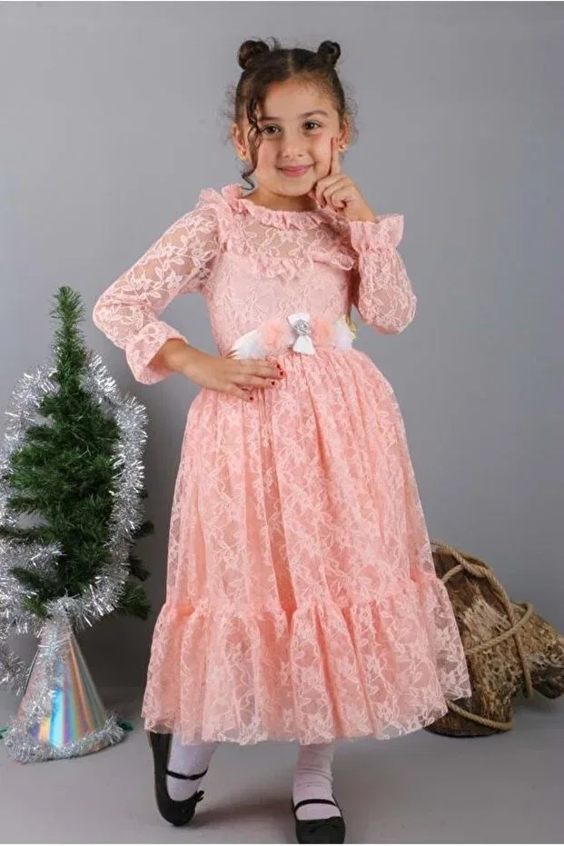 Детское платье для девочек кружевное Flower Motif Lace Children's Hijab Dress Mnk Baby&Kids, Salmon