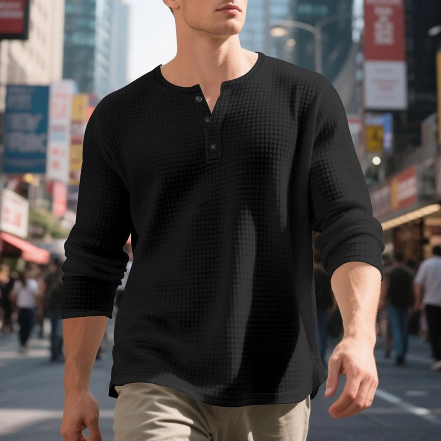 Мужская футболка с длинным рукавом Henley Casual, Black — фото 2