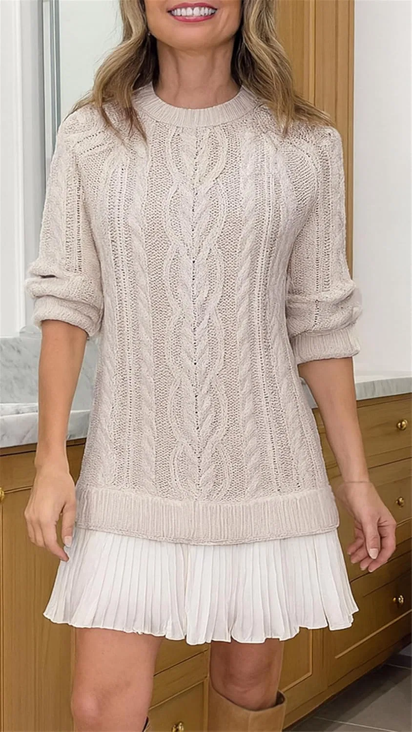 Женское вязаное платье-свитер с кабельным узором, Light Brown — фото 2