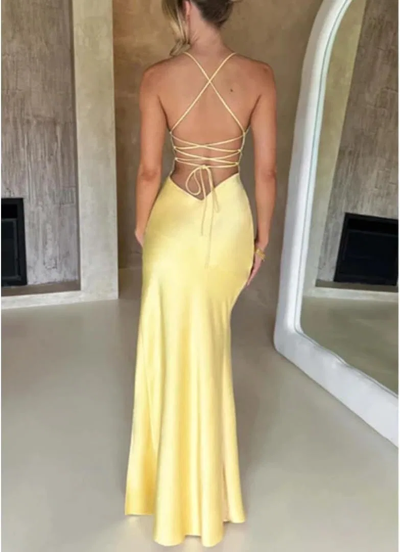 Женское атласное бинтажное платье с открытой спиной Hotsweet, Yellow — фото 3