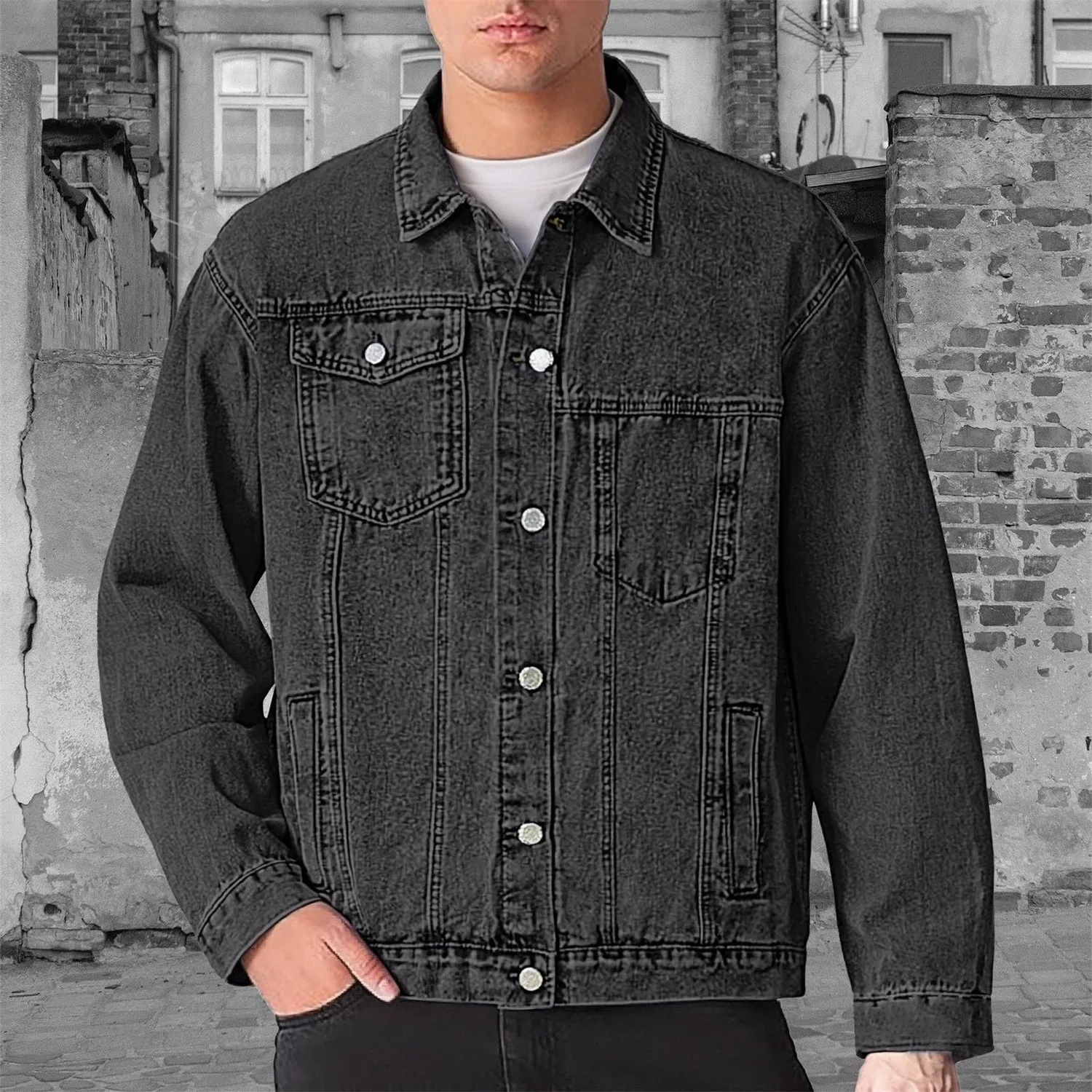 Мужская джинсовая куртка с потертостями и длинным рукавом, Z11-grey Denim Giacca Uomo — фото 2