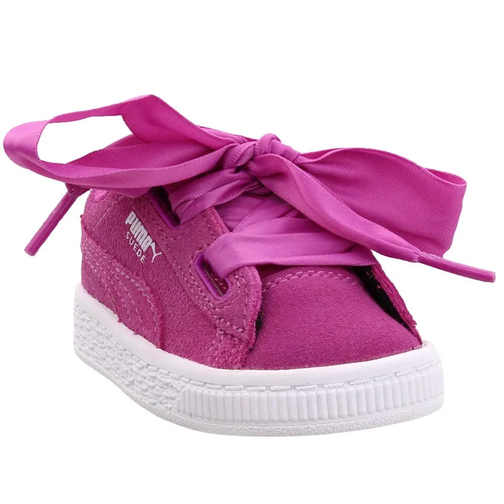 Детские кроссовки для девочек на шнуровке Suede Heart Kids PUMA, Pink Purple PUMA White — фото 2