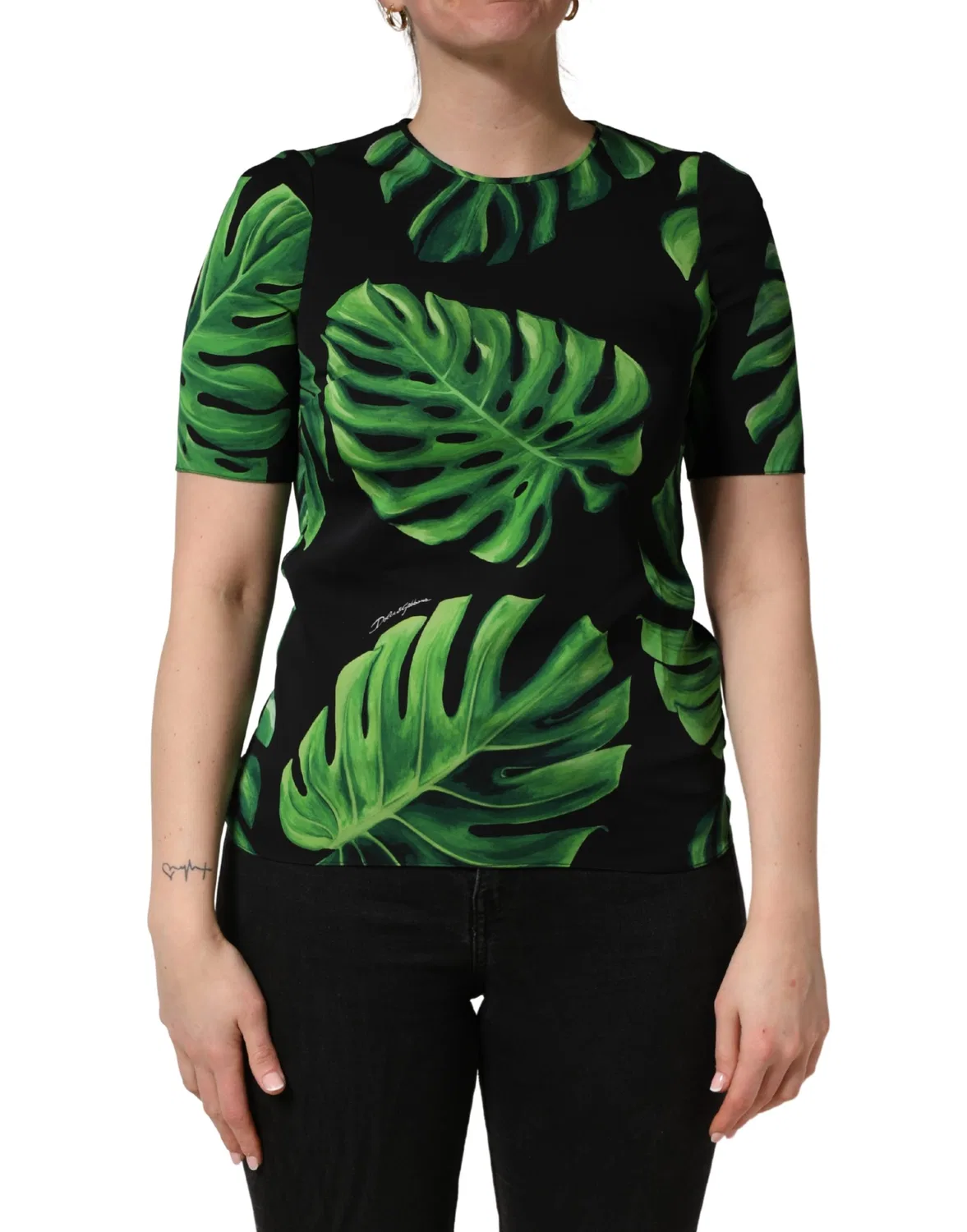 Женская блузка с коротким рукавом с принтом Philodendron Print Dolce & Gabbana, Black and Green — фото 2