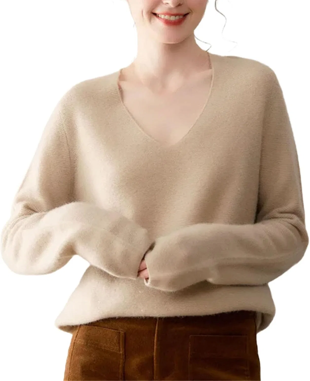 Женский свободный свитер с V-образным вырезом, с длинным рукавом, Cashmere Knitted, серый/кэмел