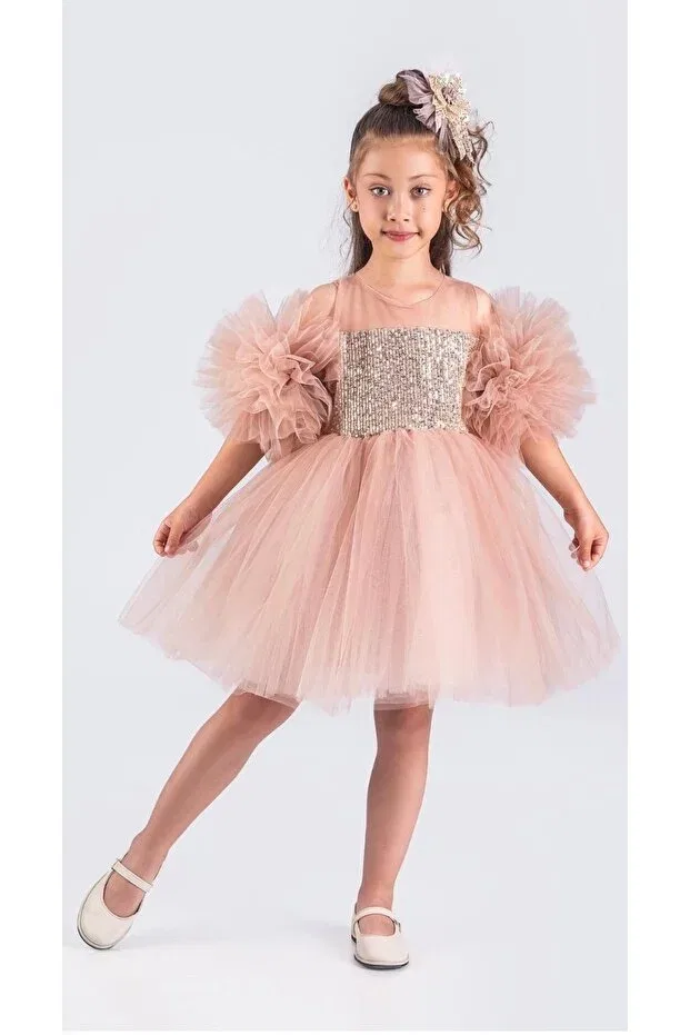 Детское платье для девочек с длинным рукавом Pompom sleeves sequined tutu girl's evening dress Little Pumpkin, Pink