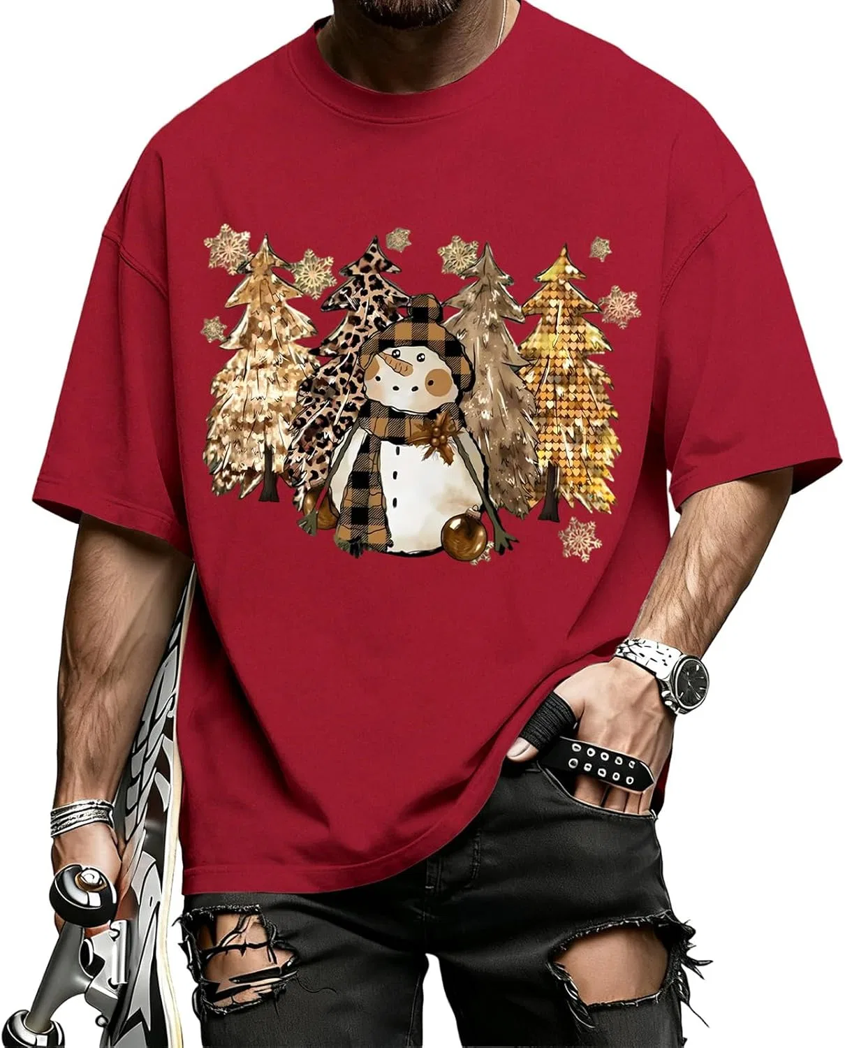 Мужская свободная футболка с новогодним принтом Snowman, Wine Red