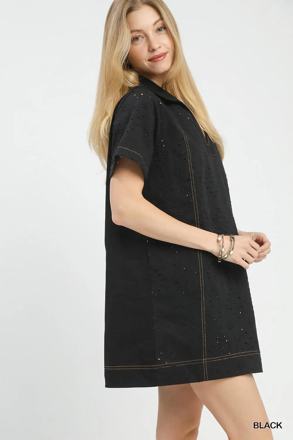 Женское платье-сдвиг с вышивкой Eyelet Short Sleeve Shift Dress, Black — фото 4