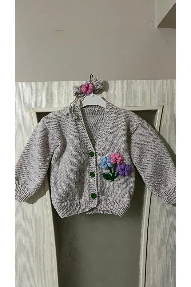 Детский кардиган с V-образным вырезом Hand knitted kids cardigan El Örgüsü Cici Bebe, Pebble — фото 4