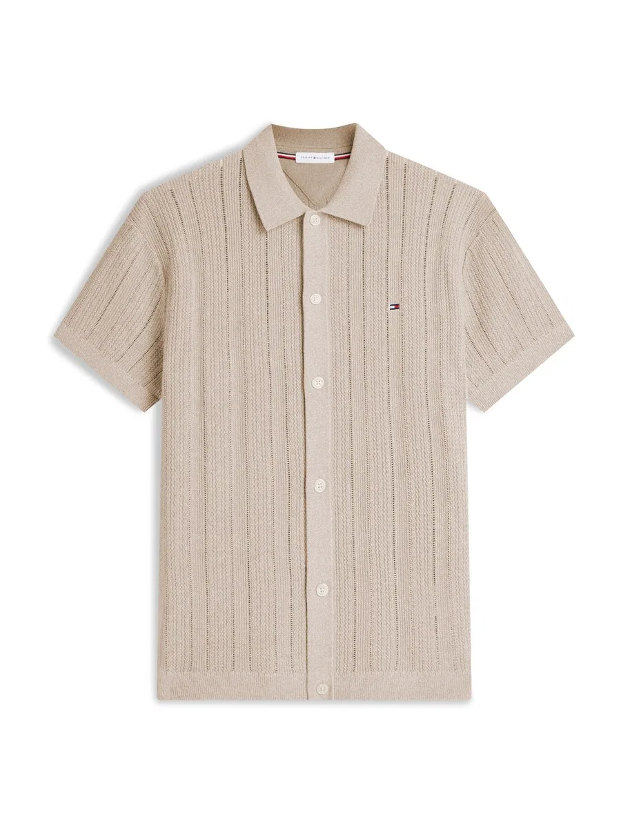 Вязаный кардиган TOMMY HILFIGER 'Relaxed Pointelle Short Sleeve With' бежевого цвета