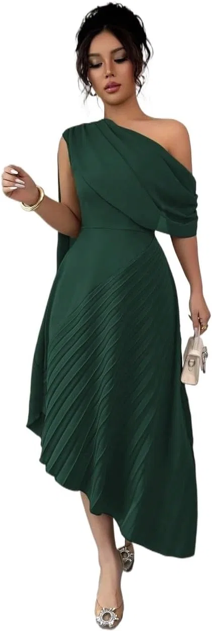 Женское A-силуэта платье с одним плечом, Dark Green