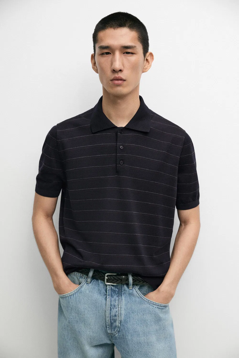Поло Massimo Dutti, вязаное поло с короткими рукавами, темно-синий — фото 2