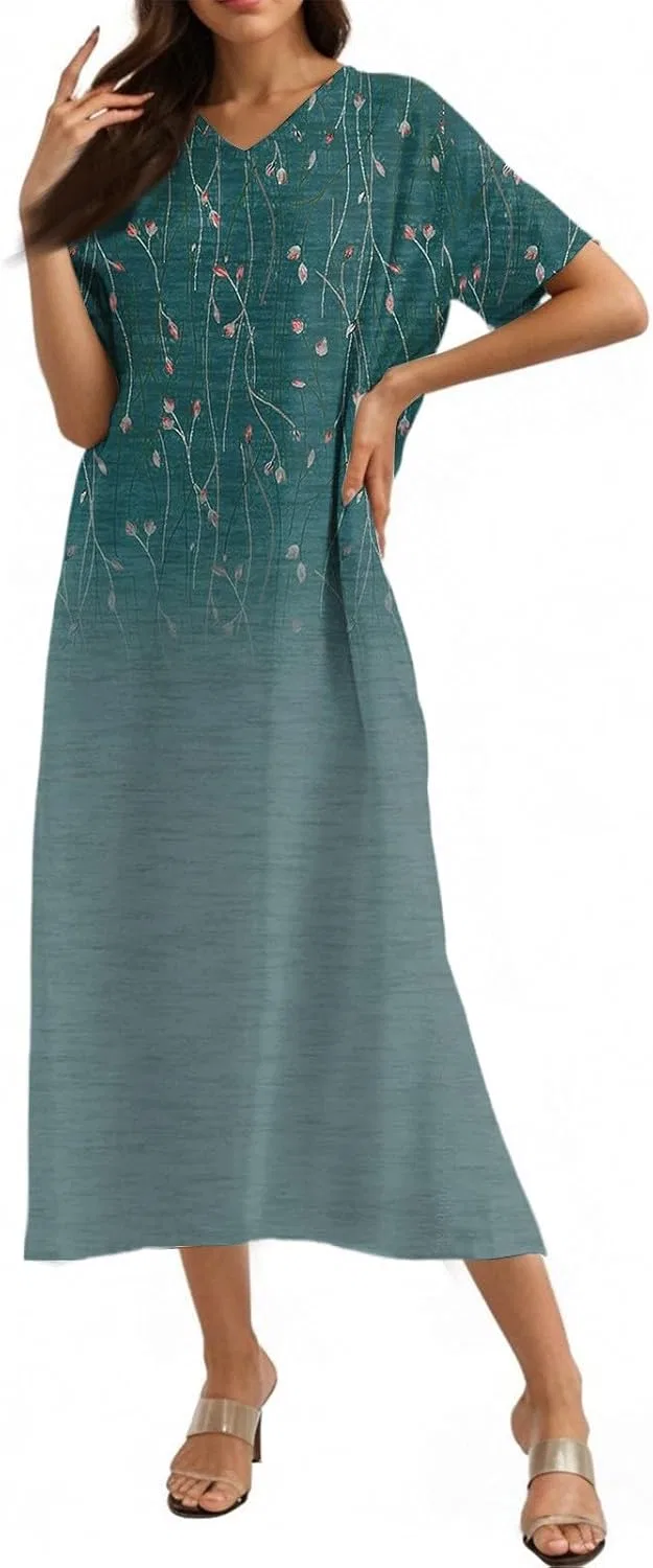 Женское макси-платье из льняного хлопка с V-образным вырезом, Flowy Casual Boho, T74-cyan — фото 4