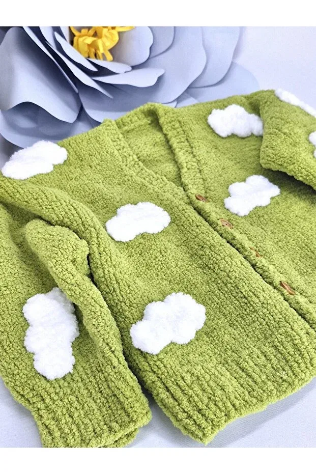 Детский кардиган с длинным рукавом Hand knitted soft plush cloudy unisex children's cardigan Evitle, Green