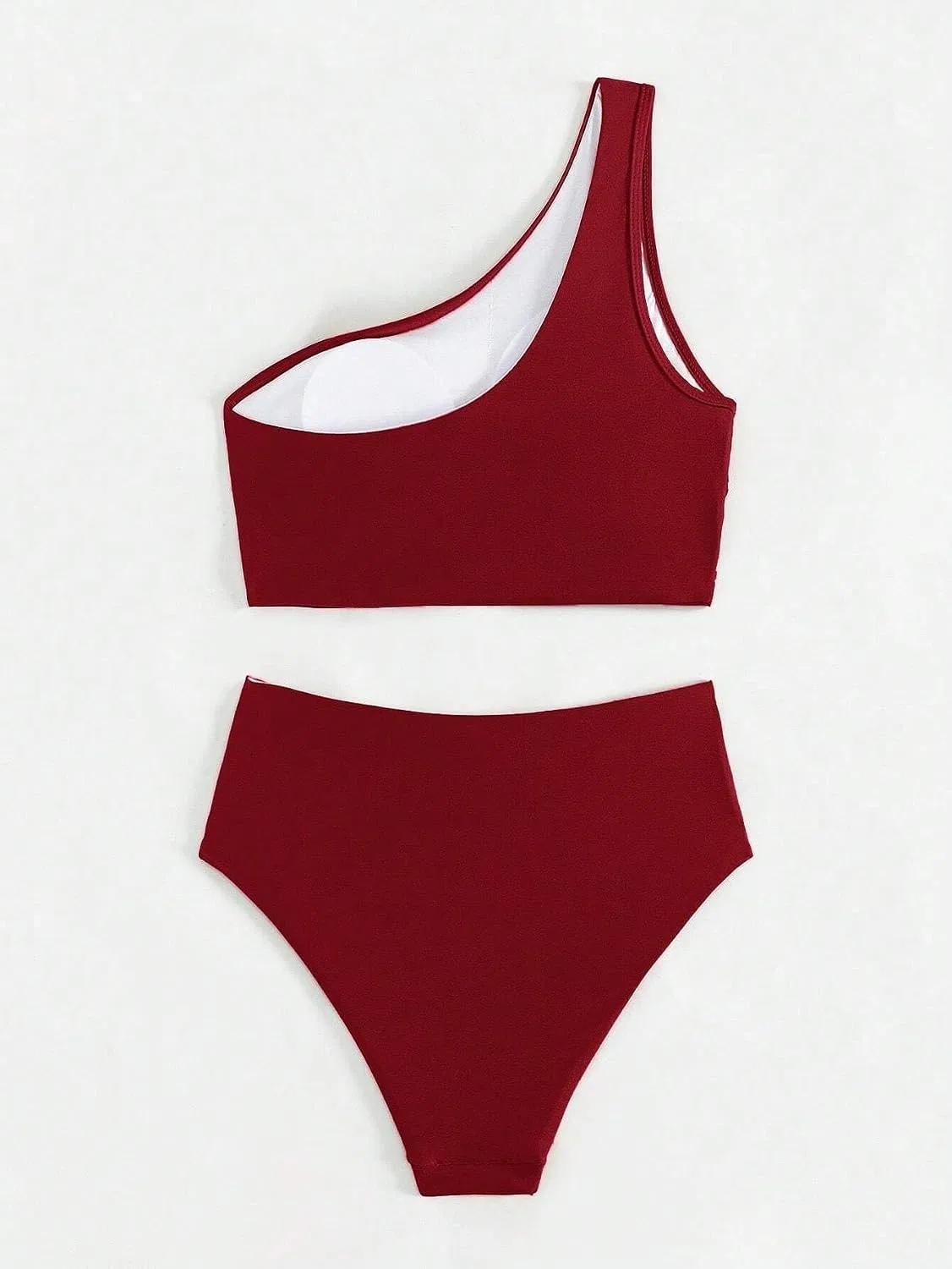 Женский купальный костюм с асимметричным плечом High Waisted Two Piece Bikini Set, Burgundy — фото 4