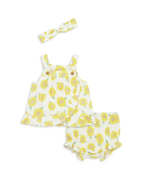 Детский комплект для девочек с принтом Sunflower Sunsuit & Headband Set Little Me, желтый — фото 2