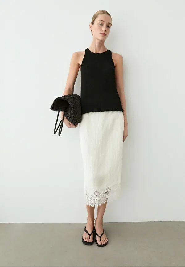 Юбка миди из ацетата Flowing midi skirt with lace detail, Massimo Dutti, white, белый