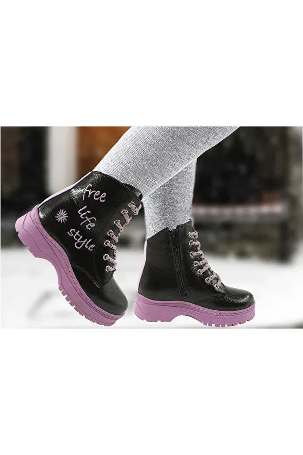 Детские ботинки для девочек на шнуровке с принтом Byş Moda, Black-Purple — фото 2