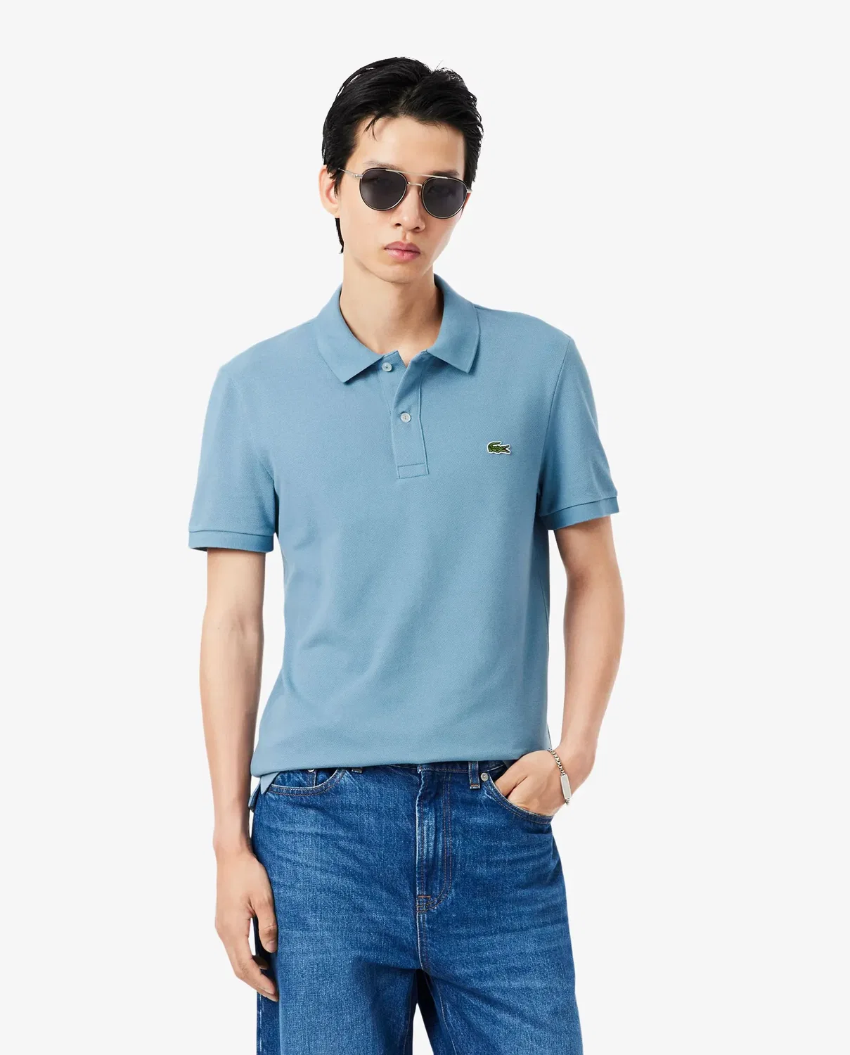 Мужское поло Lacoste с коротким рукавом, приталенный крой, Azul Anticuario