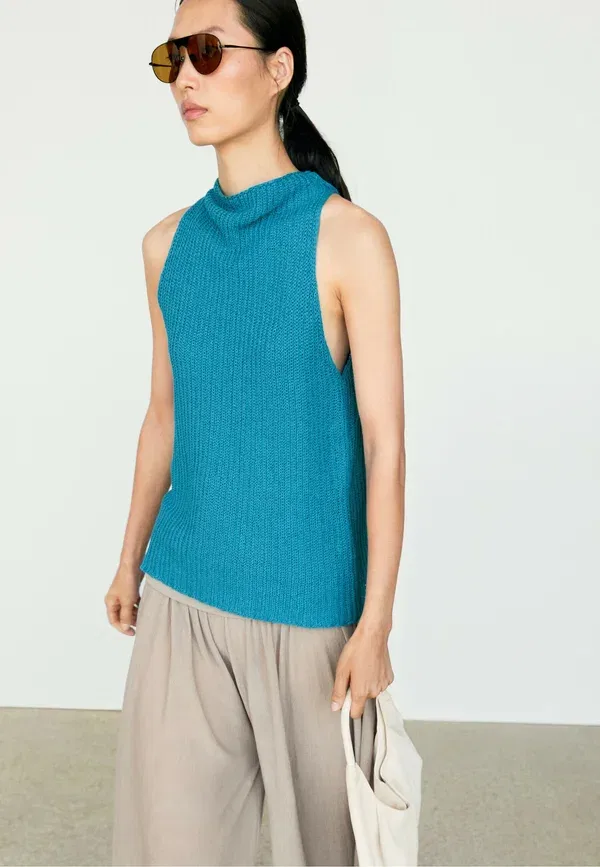 Топ вязаный из льна Top Massimo Dutti, бирюзовый