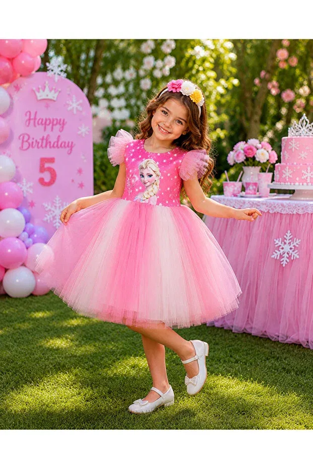 Детское платье для девочек с принтом Crown gift girl's elsa dress with tutu skirt for wedding party birthday graduation event Hn Sport, Pink — фото 2