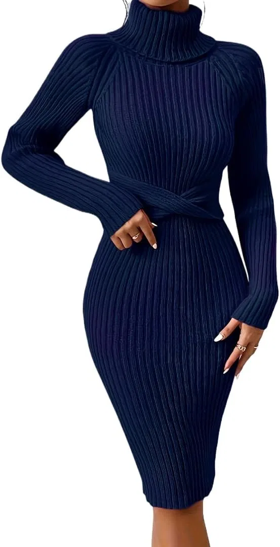 Женское облегающее платье с высоким воротником Bodycon, Blue