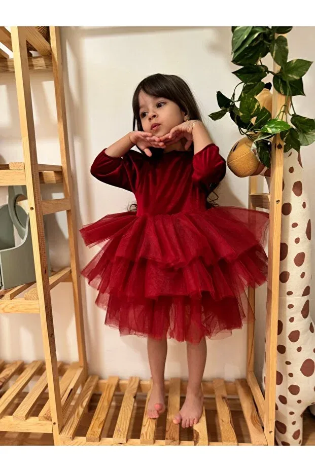 Детское платье для девочек бархатное с длинным рукавом Penu Baby Kids, Burgundy — фото 4
