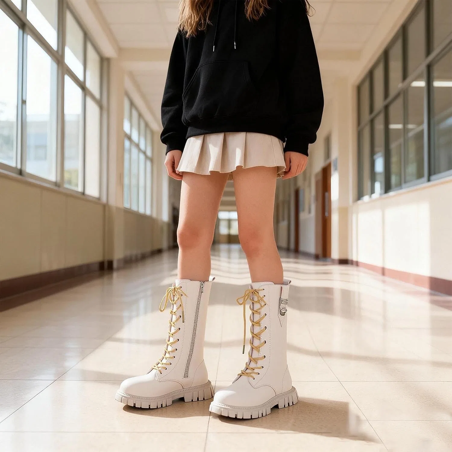 Детские зимние ботинки на меху с принтом Girls Combat Boots Fur Lined Winter Snow Boots Kids Mid Calf Leather Lace Up Goth Riding Boot with Side Zipper Zzalalana, Beige — фото 3