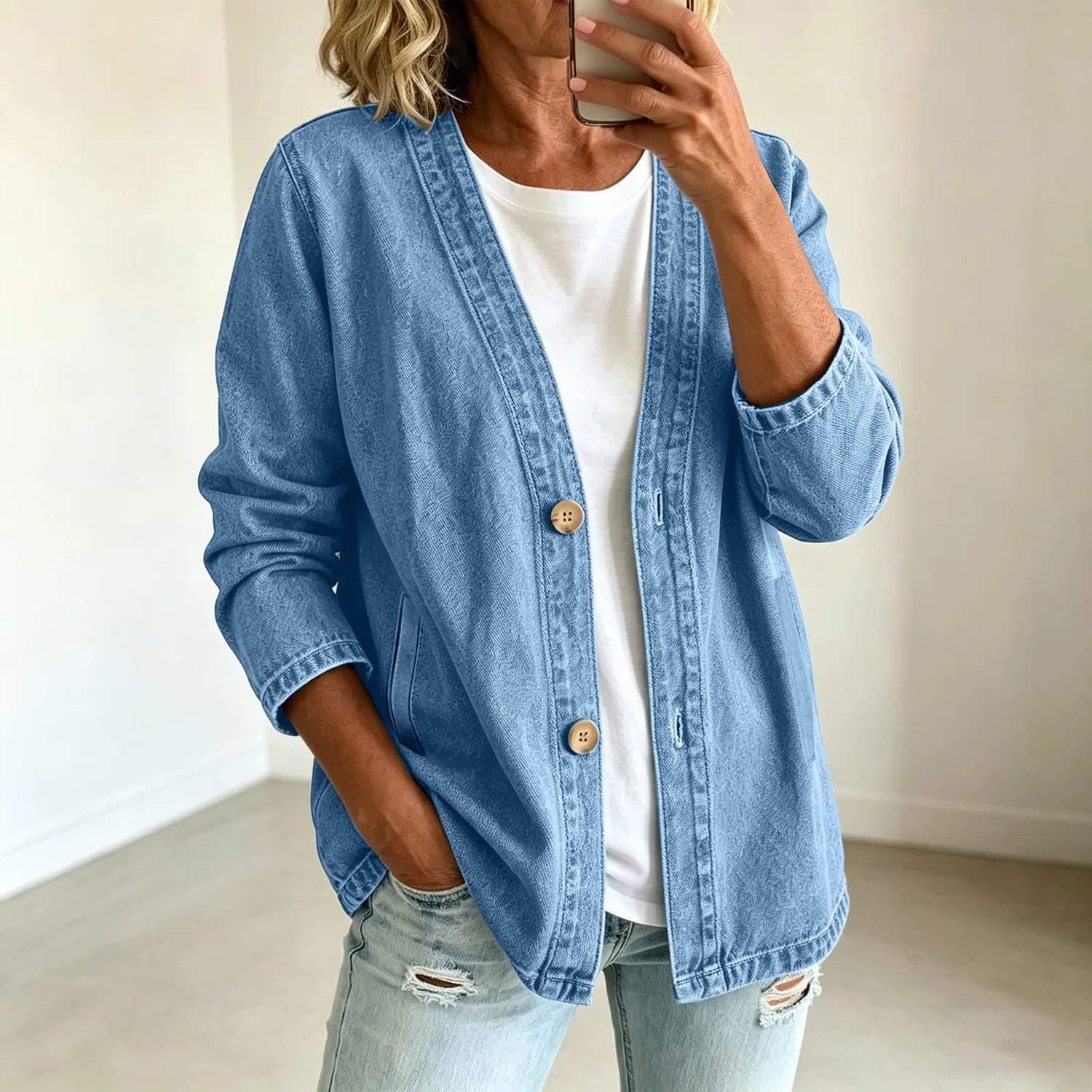 Женское пальто с длинным рукавом Cardigan in Denim Aperto sul Davanti, A-Cielo blu — фото 2