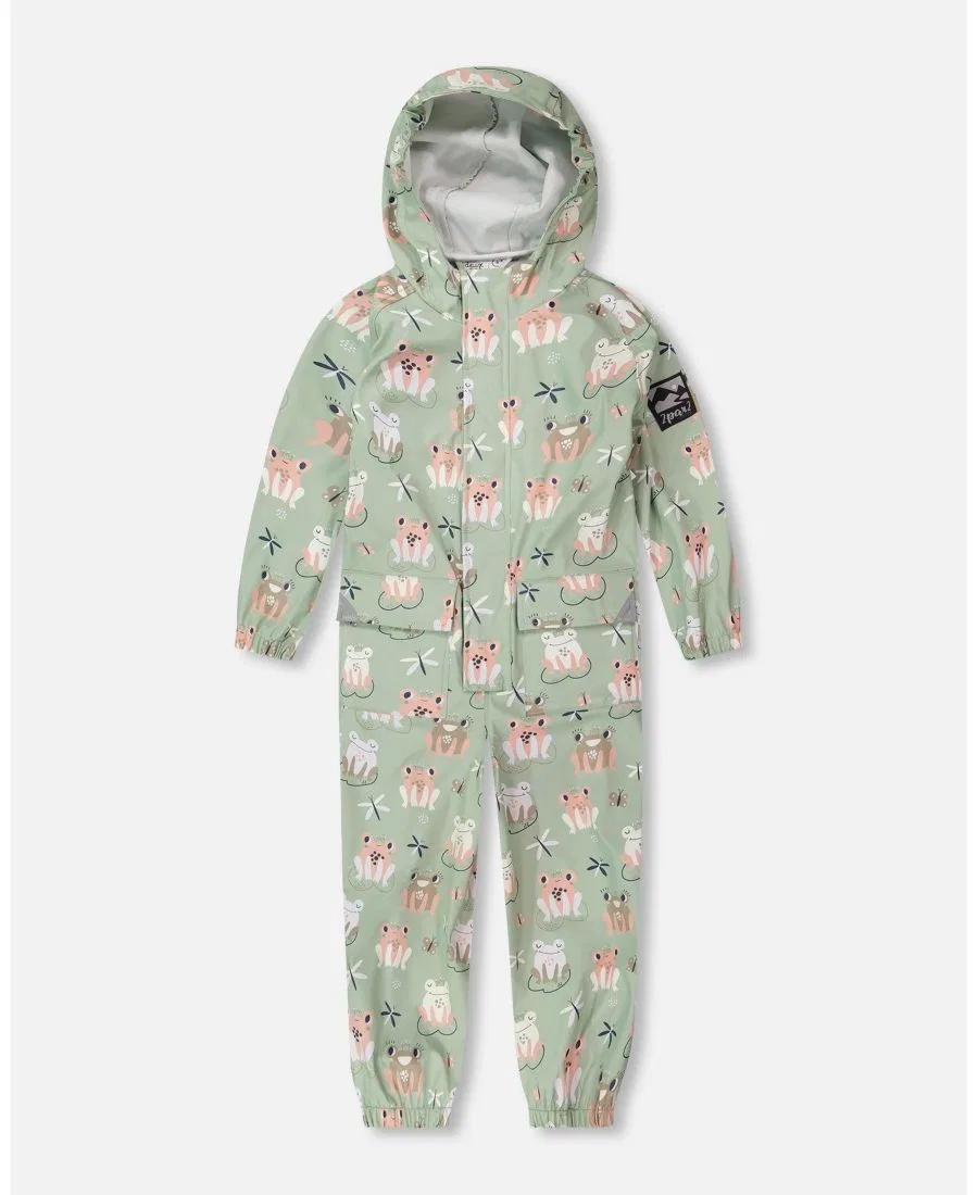 Детский дождевик-комбинезон с капюшоном, с принтом лягушки Deux par Deux, Green With Frog Print