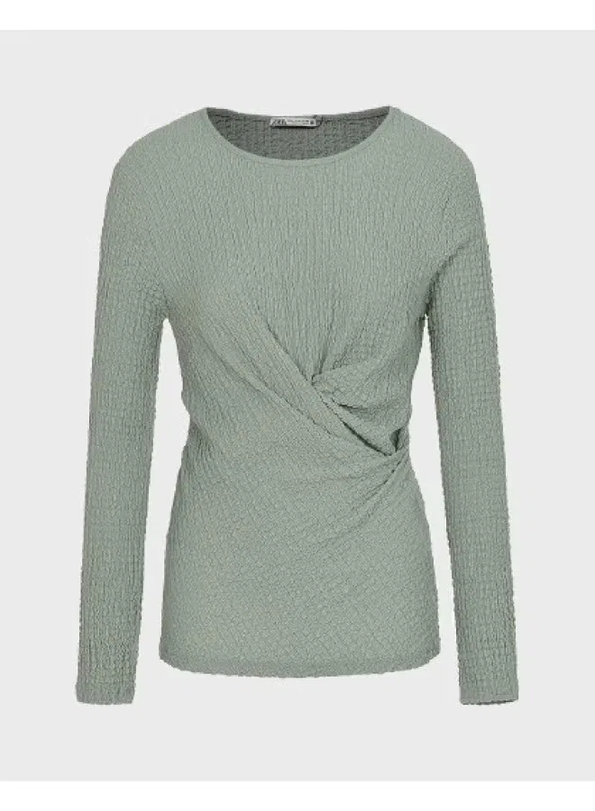 Лонгслив с длинным рукавом и плиссировкой Zara, зеленый