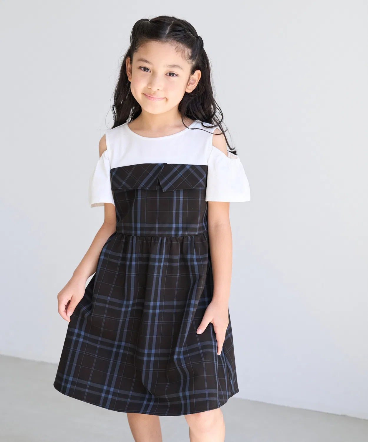 Детское платье для девочек с открытыми плечами, модель Check Flare ROPE' PICNIC, Blue