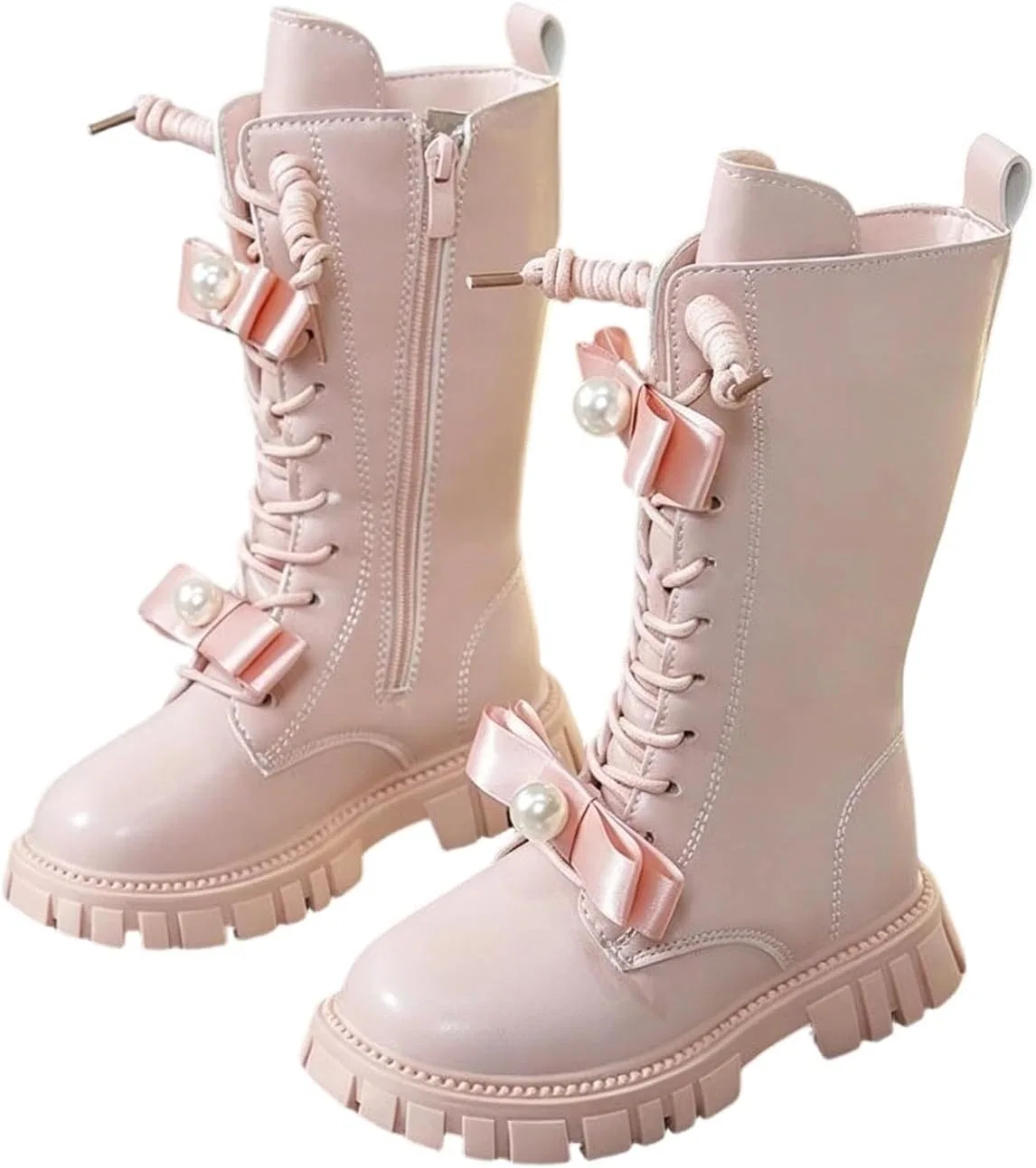 Детские ботинки на шнуровке с бантом и жемчугом Girls Lace Up Combat Boots Zzalalana, Pink