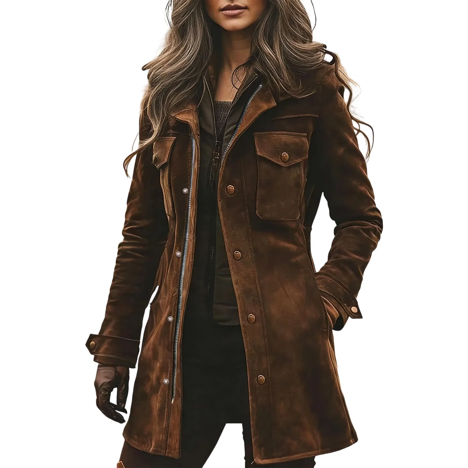 Женское зимнее пальто из искусственной кожи винтажного стиля, dark brown