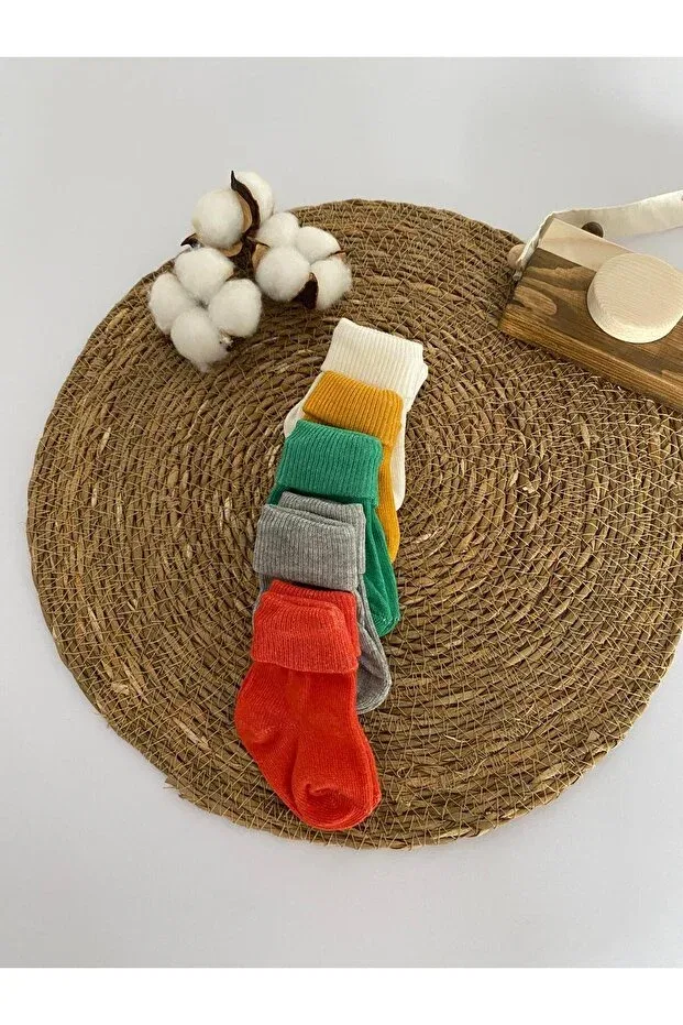 Детский набор носков для новорожденных 5 пар Organic Cotton Unisex 5-Piece Premium Newborn Baby Socks - Boxed Glory Baby, Gri-Turuncu-Yeşil-Hardal-Ekru — фото 2