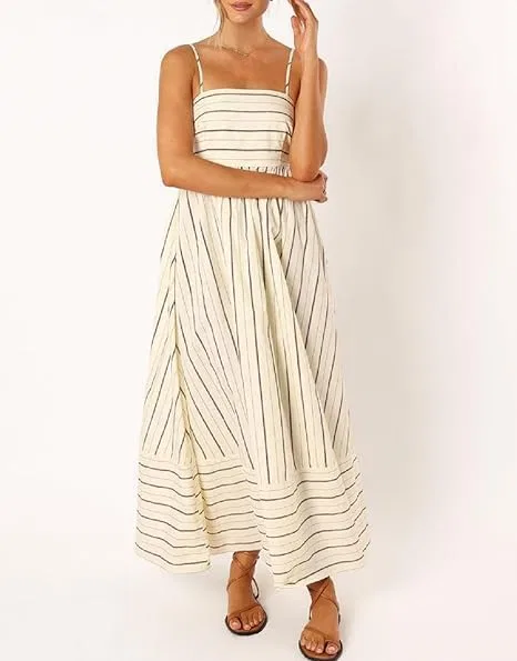 Женское летнее макси-платье с открытой спиной, Striped Spaghetti Strap Cutout Maxi Dress, A02-apricot Color — фото 2