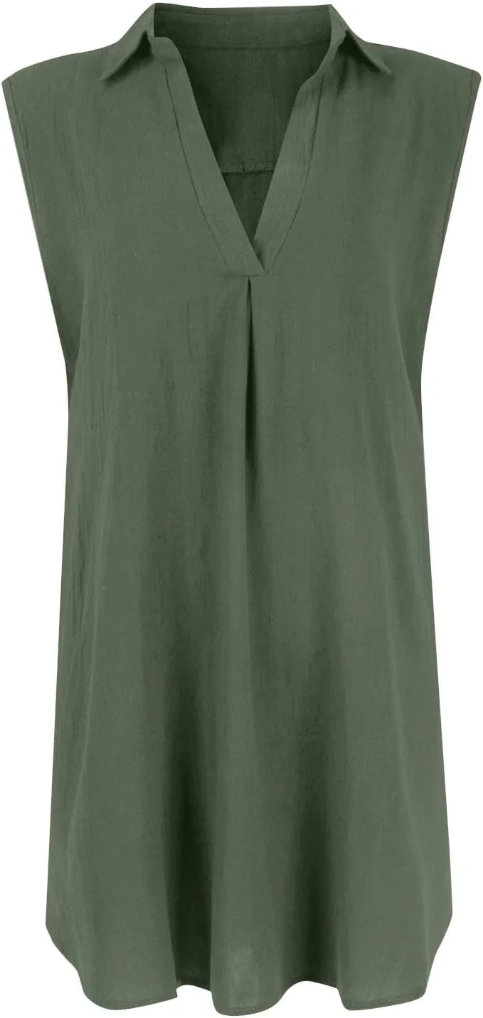 Женское повседневное платье мини из льна и хлопка, Army Green — фото 4