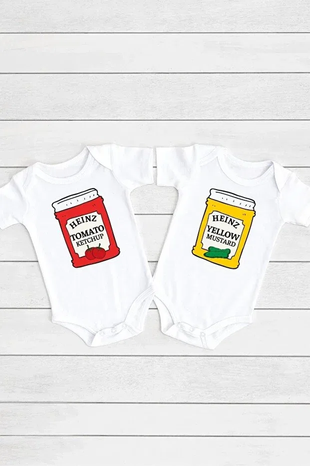 Детский комплект боди с коротким рукавом Unisex baby white ketchup mustard 2-piece body set with snap fasteners Tuğbababy, White