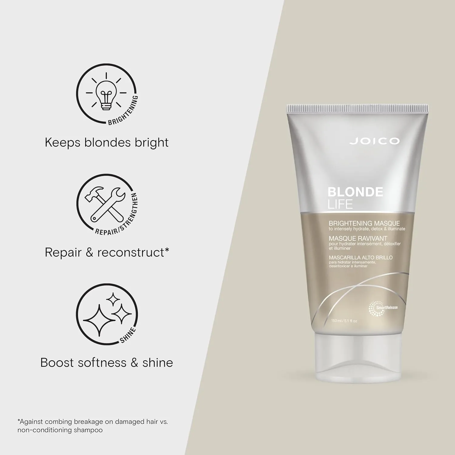Joico Blonde Life Brightening Masque для блондированных волос, мгновенное увлажнение, нейтрализует хлор и детоксифицирует, придает мягкость и гладкость, без сульфатов, с маслом монои и таману 151 мл (1 шт.) — фото 3