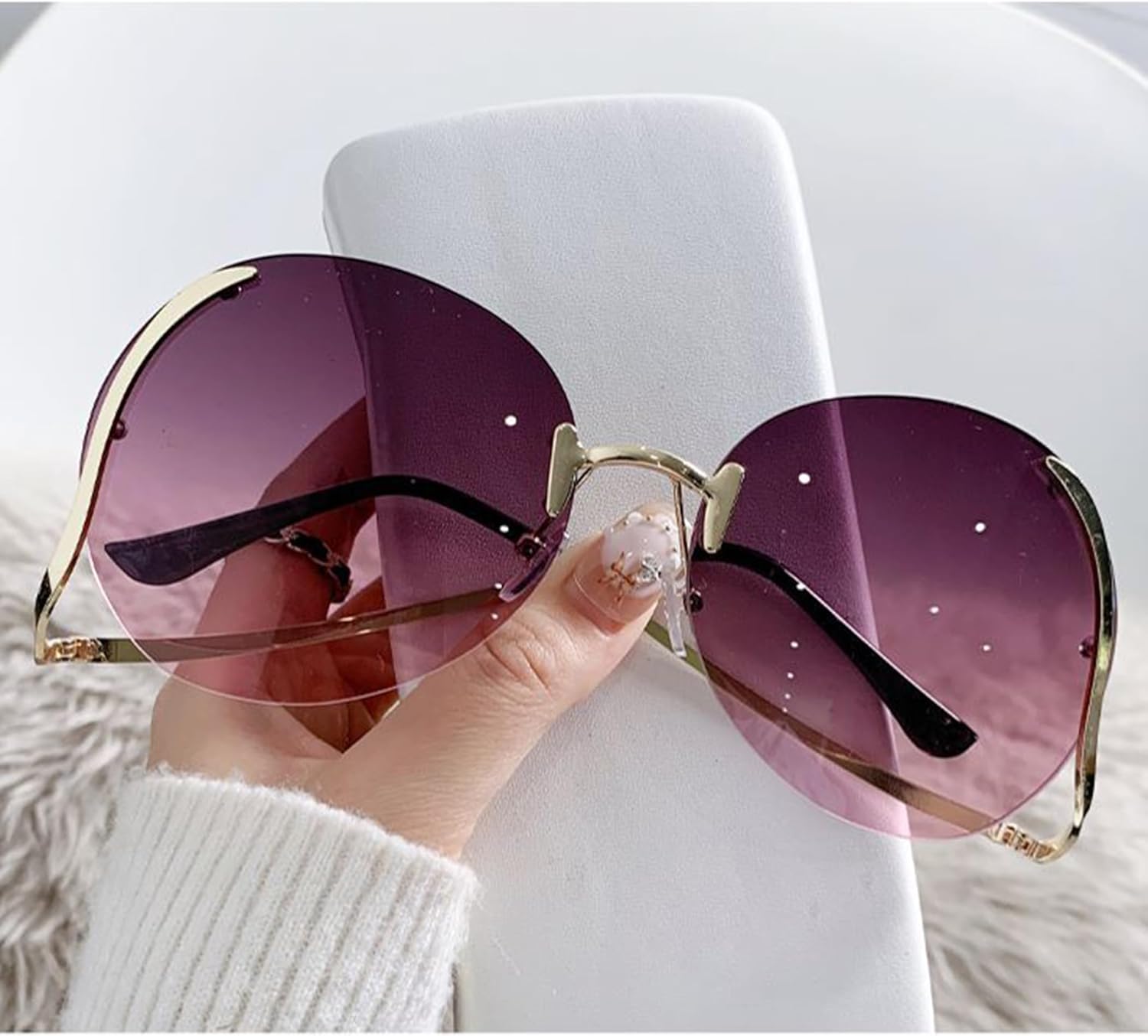 

bullabulling Модные круглые солнцезащитные очки без оправы для женщин, изогнутые металлические дужки, линзы Ocean, мужские солнцезащитные очки большого размера, Purple